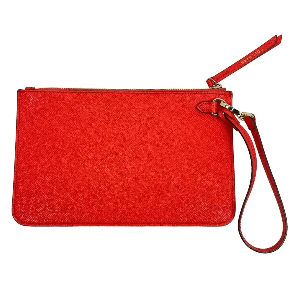 Cole Haan | Red Orange Pebbled Leather Rectangle Wristlet Wallet Clutch
